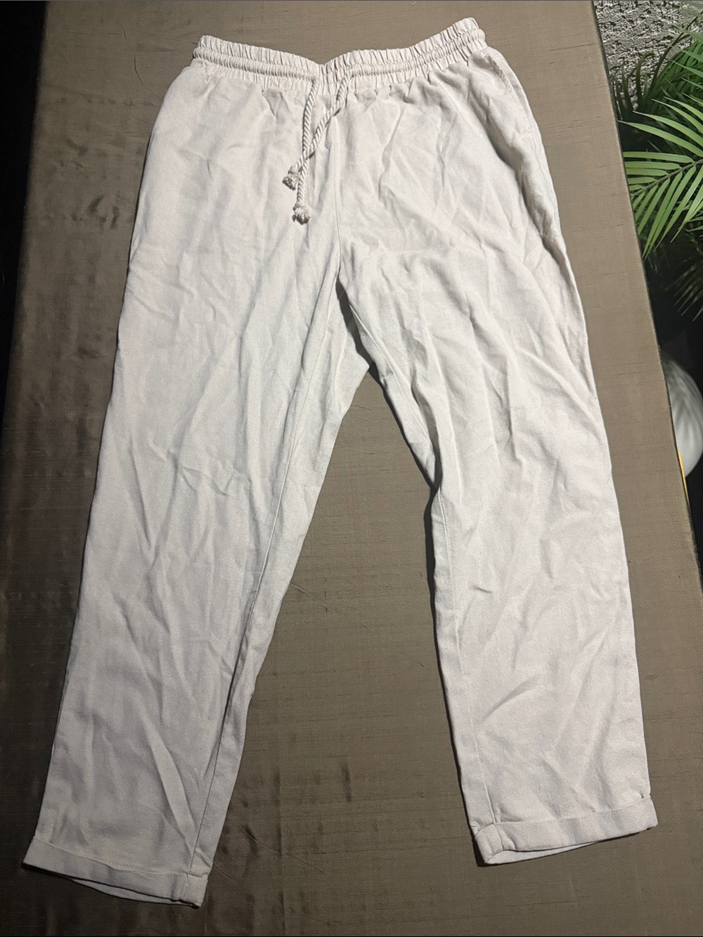 Cream Linen Blend Elastic Waist Drawstring Ankle Pants Size L